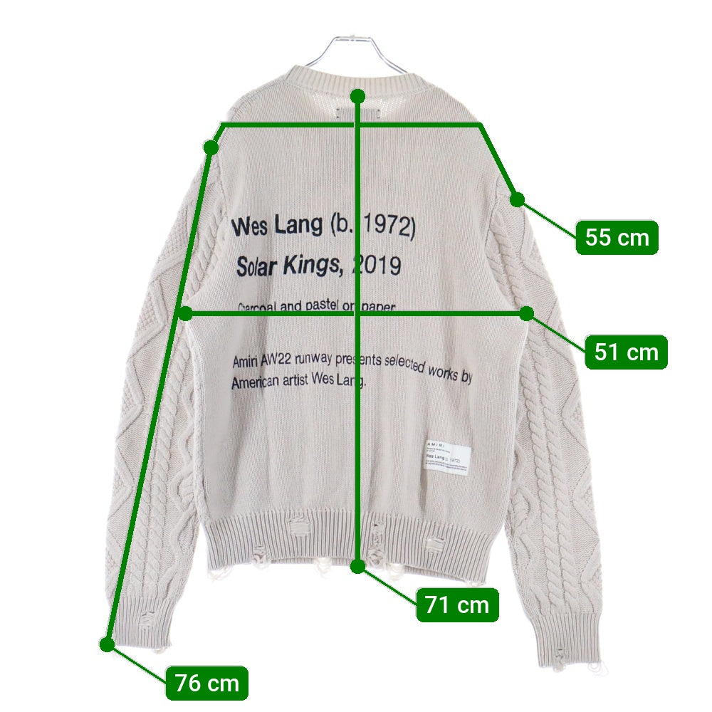 AMIRI(アミリ) 22AW WES LANG CABLE REAPER CREW ウェスラング スカル ダメージ加工クルーネックカシミアニットシャツ ベージュ AW22MKL023