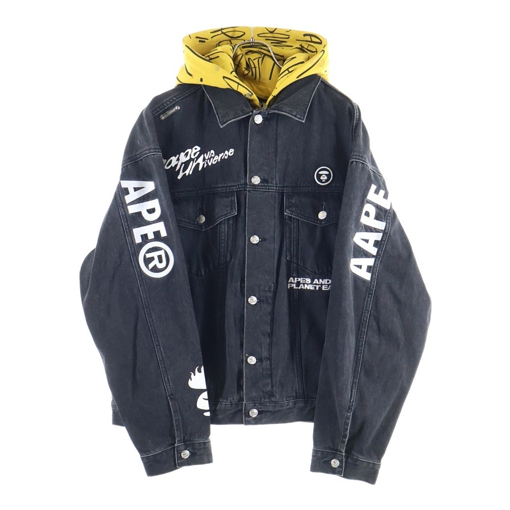 AAPE BY A BATHING APE(エーエイプバイアベイシングエイプ) Moonface Hooded Jacket ムーンフェイス フーデッドジャケット デニムジャケット フード ブラック/イエロー AAPLJM7447XXH
