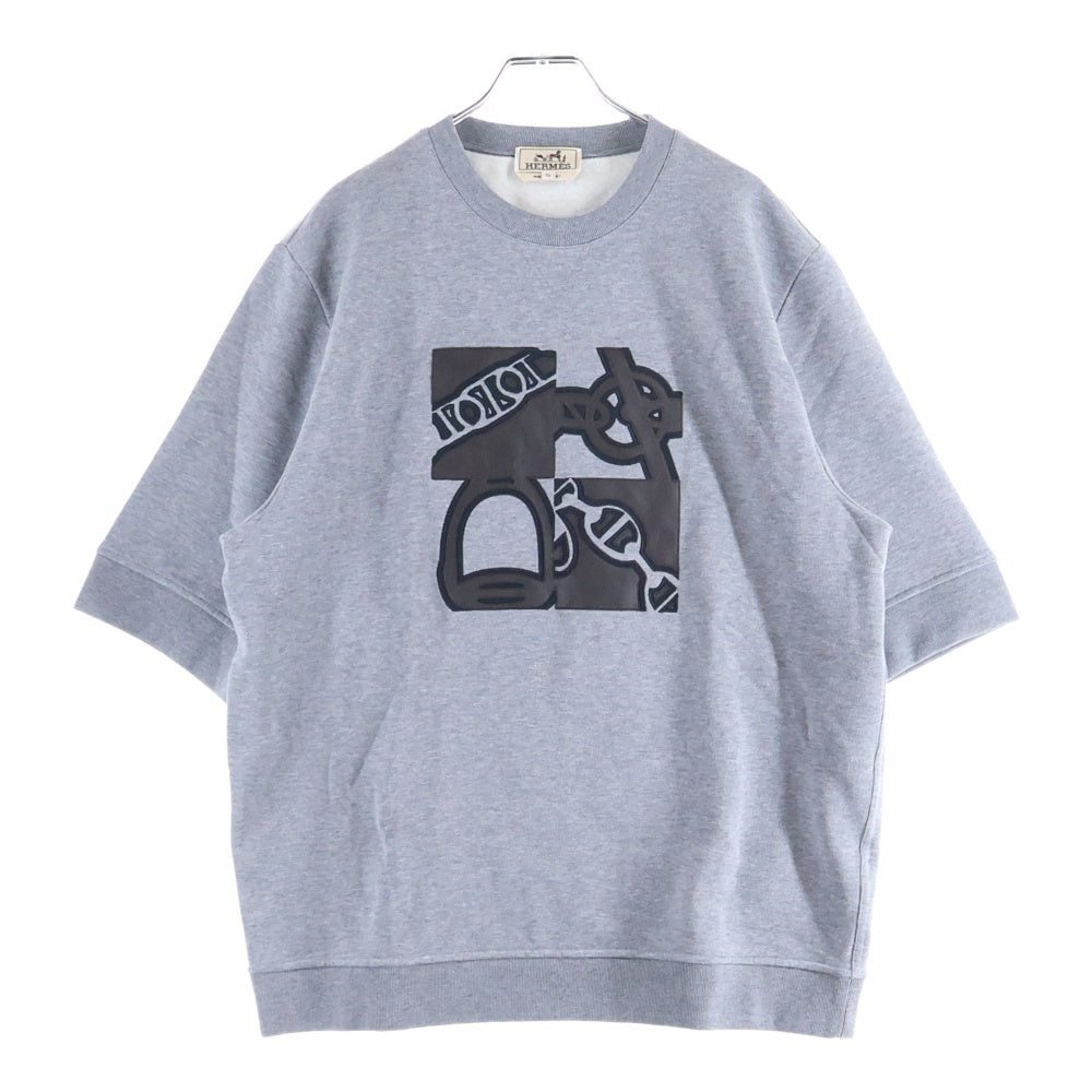 HERMES(エルメス) Metallerie au Carre レザー フロントロゴ 半袖 スウェットシャツ グレー