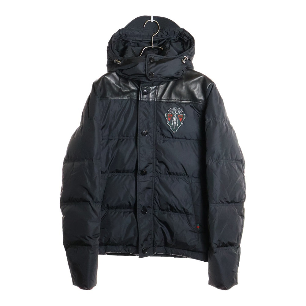 GUCCI(グッチ) レザー切替 フーデッドダウンジャケット ブラック