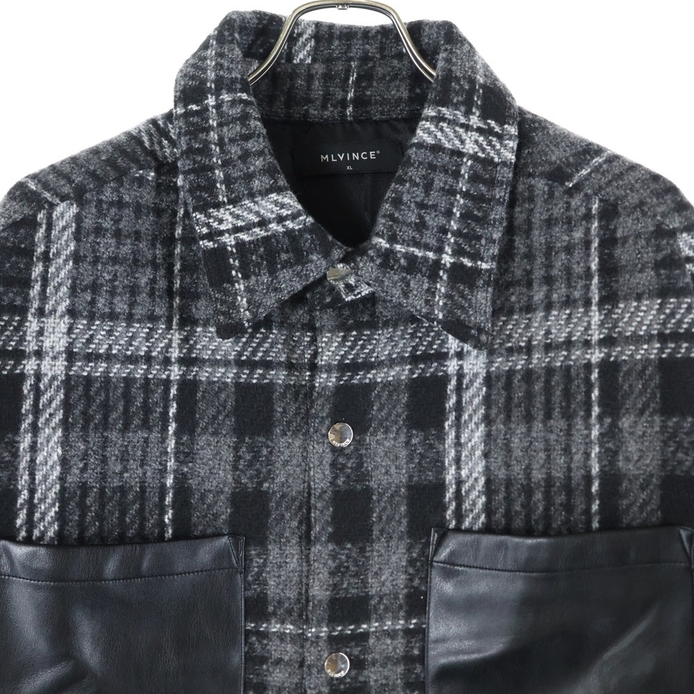 MLVINCE(メルヴィンス) 胸ポケット レザー ハンティング フランネル チェック シャツ ジャケット ブラック