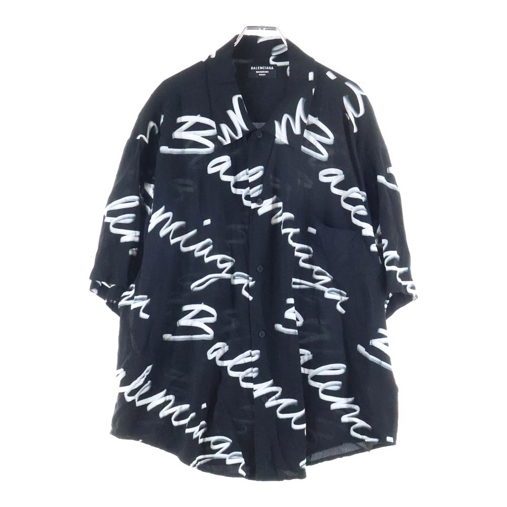 BALENCIAGA(バレンシアガ) 23AW 総柄ロゴ シルク半袖シャツ ブラック/ホワイト 681813