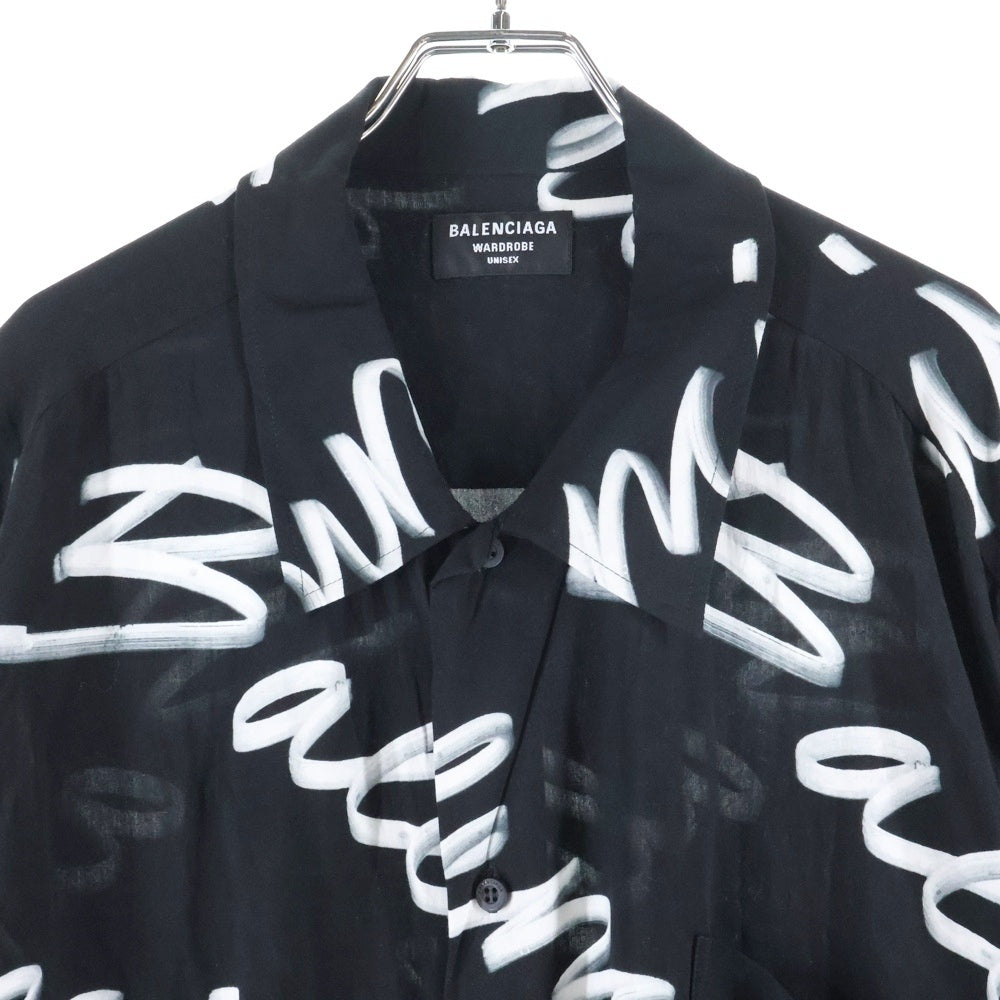 BALENCIAGA(バレンシアガ) 23AW 総柄ロゴ シルク半袖シャツ ブラック/ホワイト 681813