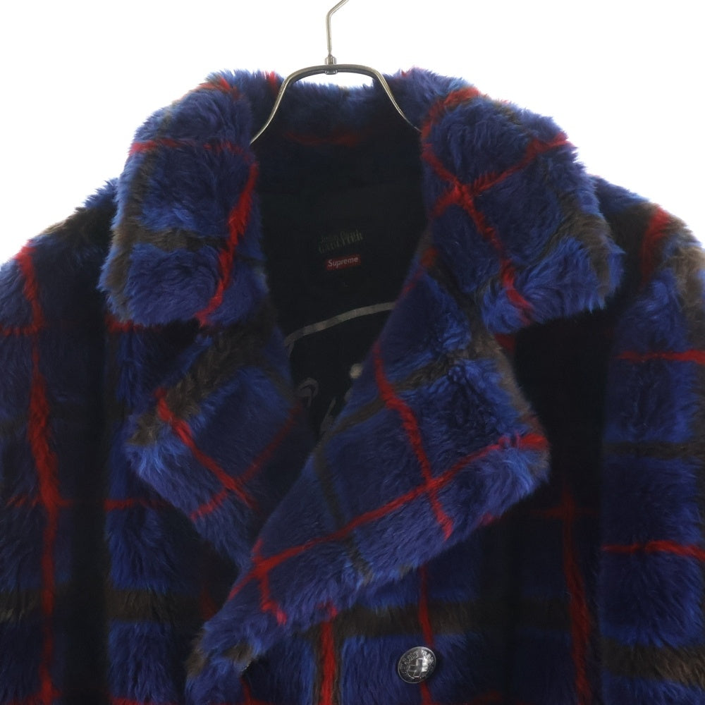 SUPREME(シュプリーム) ×Jean Paul GAULTIERDOUBLE Breasted Plaid Faux Fur Coat ジャンポールゴルチェ ダブルブレスト フェイクファーコート アウター ネイビー/レッド