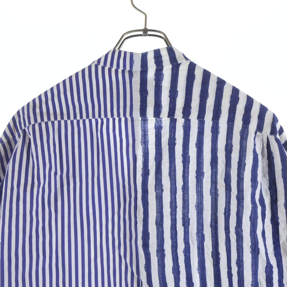 GREG LAUREN(グレッグローレン) Linen and Cotton Striped Shirt リネンコットンストライプシャツ ノーカラーシャツ ホワイト/ブルー