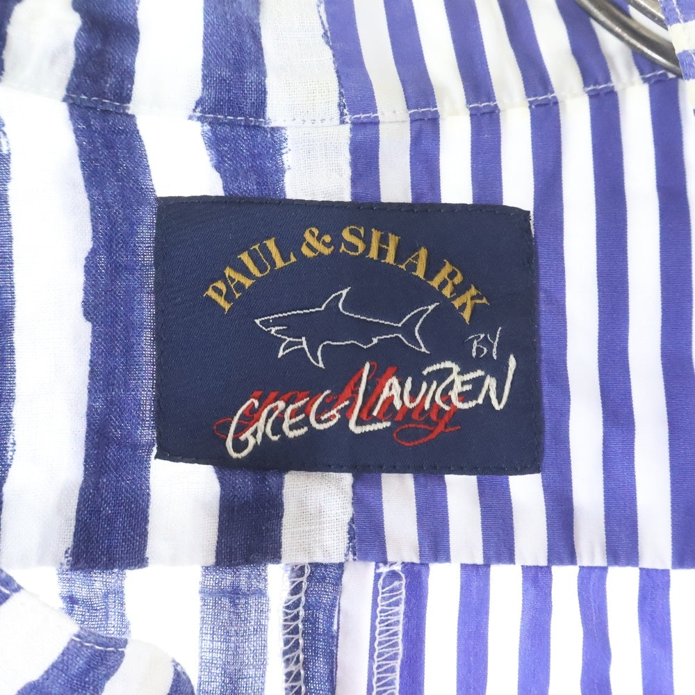 GREG LAUREN(グレッグローレン) Linen and Cotton Striped Shirt リネンコットンストライプシャツ ノーカラーシャツ ホワイト/ブルー