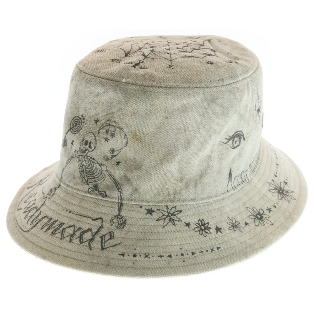 READY MADE(レディメイド) x Dr.WOO BUCKET HAT TATOO ドクターウー ヴィンテージ加工 タトゥーデザインバケットハット 帽子 グレー調