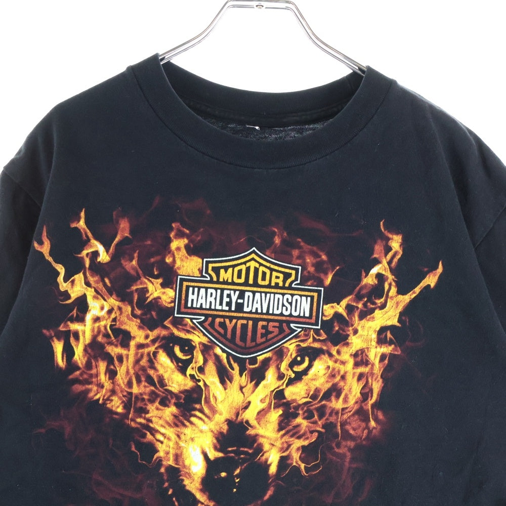 VINTAGE(ヴィンテージ) Harley-Davidson ファイアーパターン ウルフ 両面プリント 半袖Tシャツ クルーネックカットソー ブラック