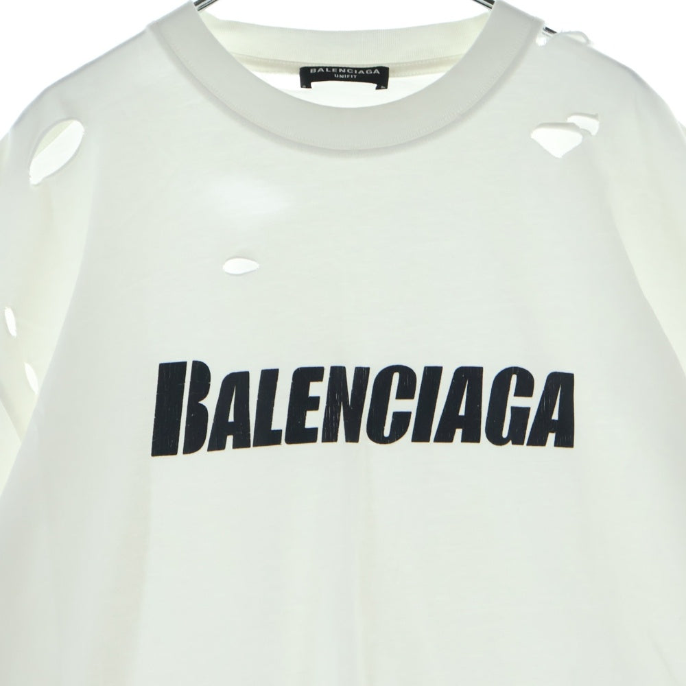 BALENCIAGA(バレンシアガ) 21SS デストロイ加工 ロゴプリント 半袖Tシャツ カットソー ホワイト 651795 TKVB8