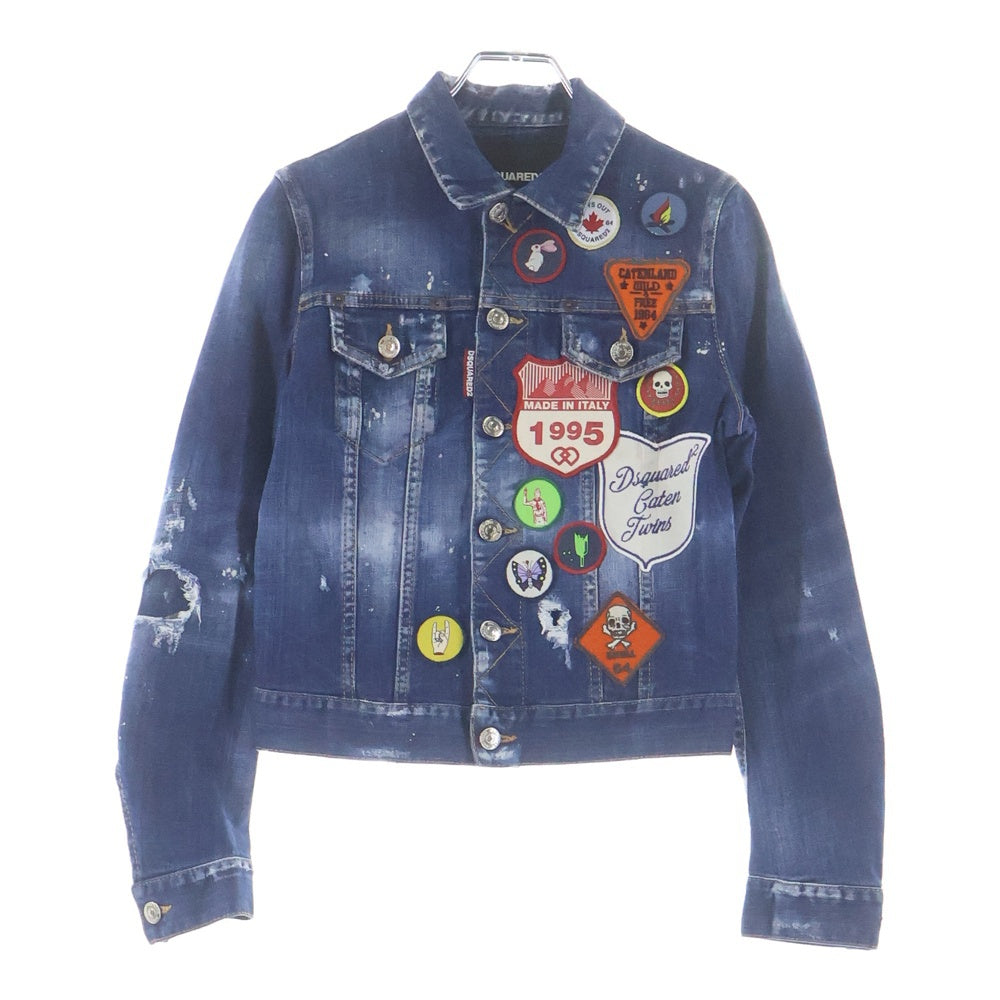 DSQUARED2(ディースクエアード) 18SS ウォッシュ リペア加工 パッチ ワッペン付き デニムジャケット ブルゾン インディゴ S75AM0548 レディース