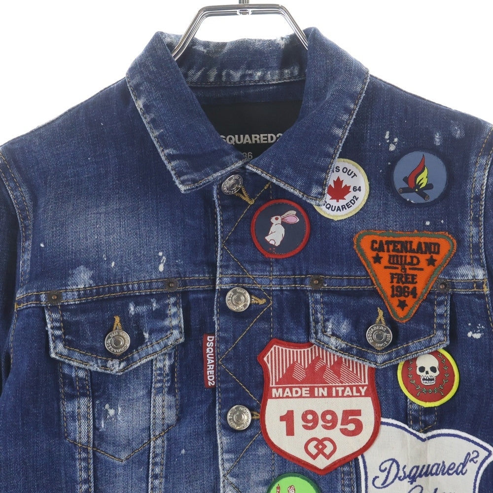DSQUARED2(ディースクエアード) 18SS ウォッシュ リペア加工 パッチ ワッペン付き デニムジャケット ブルゾン インディゴ S75AM0548 レディース