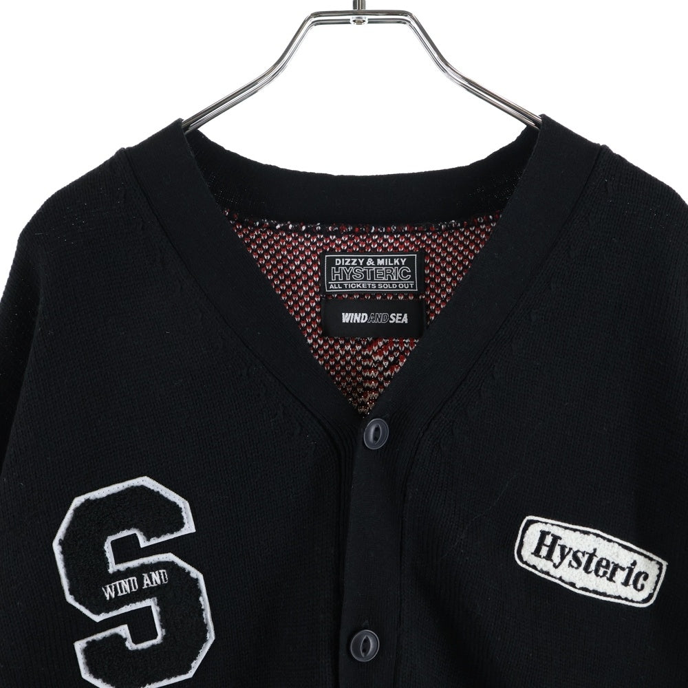 HYSTERIC GLAMOUR(ヒステリックグラマー) ×WIND AND SEA ウィンダンシー ロゴ ニット 2ポケット カーディガン ブラック WDS-C-HYS-23-AP-Q1-11