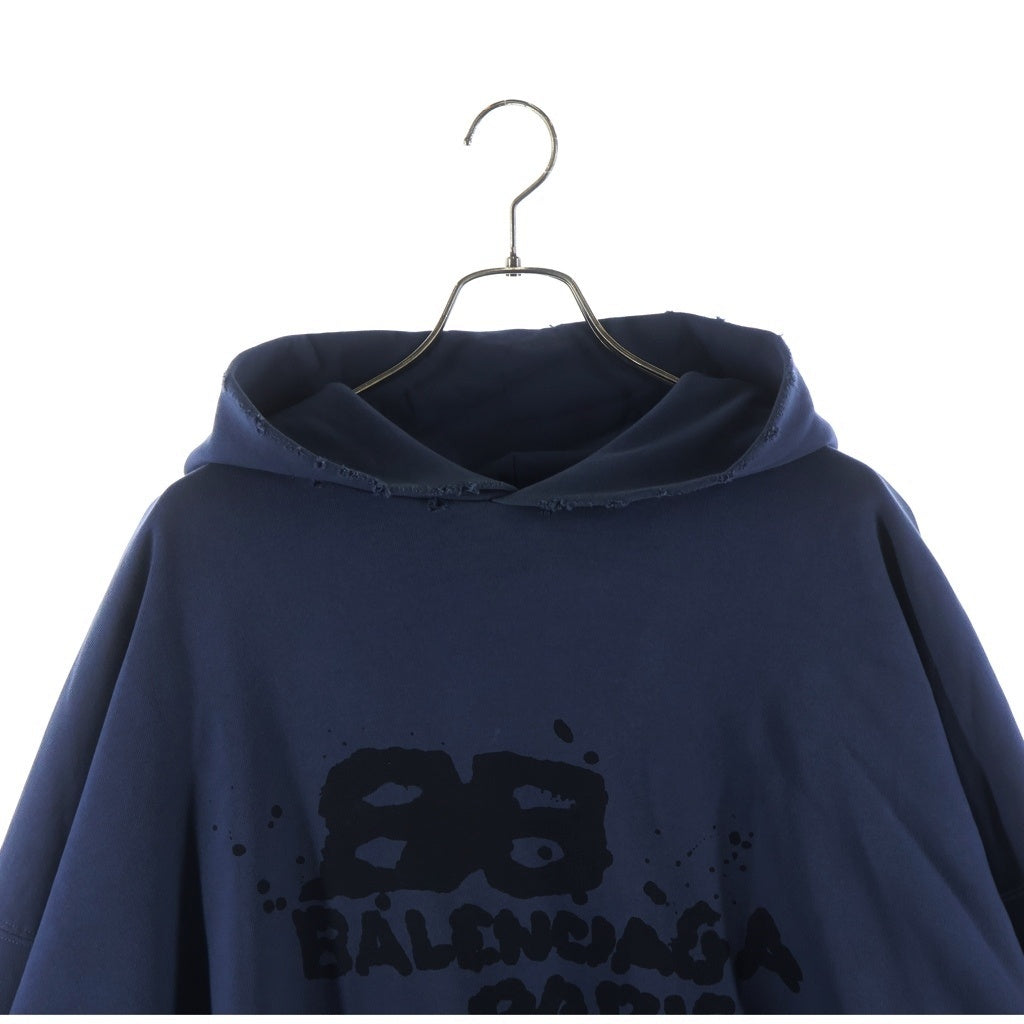 BALENCIAGA(バレンシアガ) 23SS Hand Drawn BB Icon Hoodieダメージ加工ロゴ オーバーサイズ プルオーバーパーカー ネイビー 620973 TNVQ1