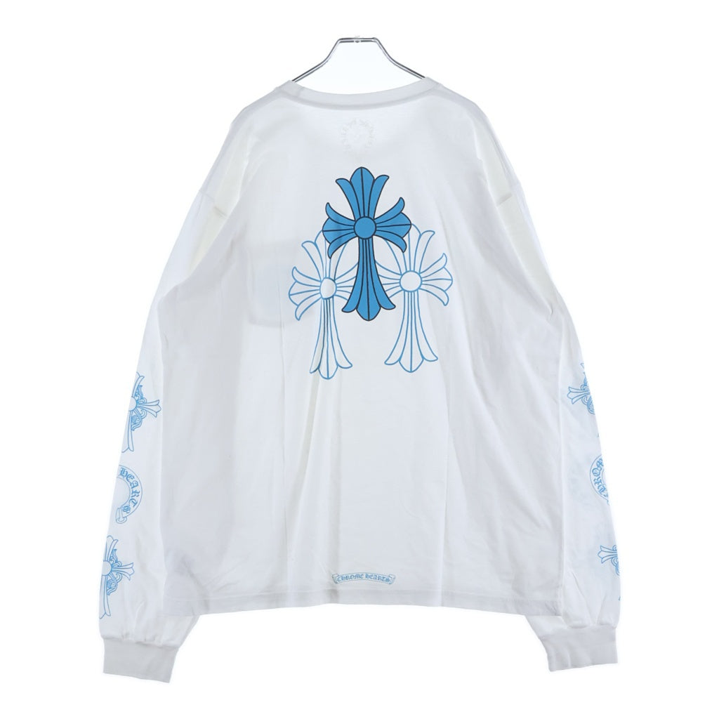 CHROME HEARTS(クロムハーツ) Blue Cross L/S ホースシュー ポケット付き トリプル セメタリークロス バックプリント 長袖Tシャツ ロングスリーブ カットソー ホワイト/ブルー