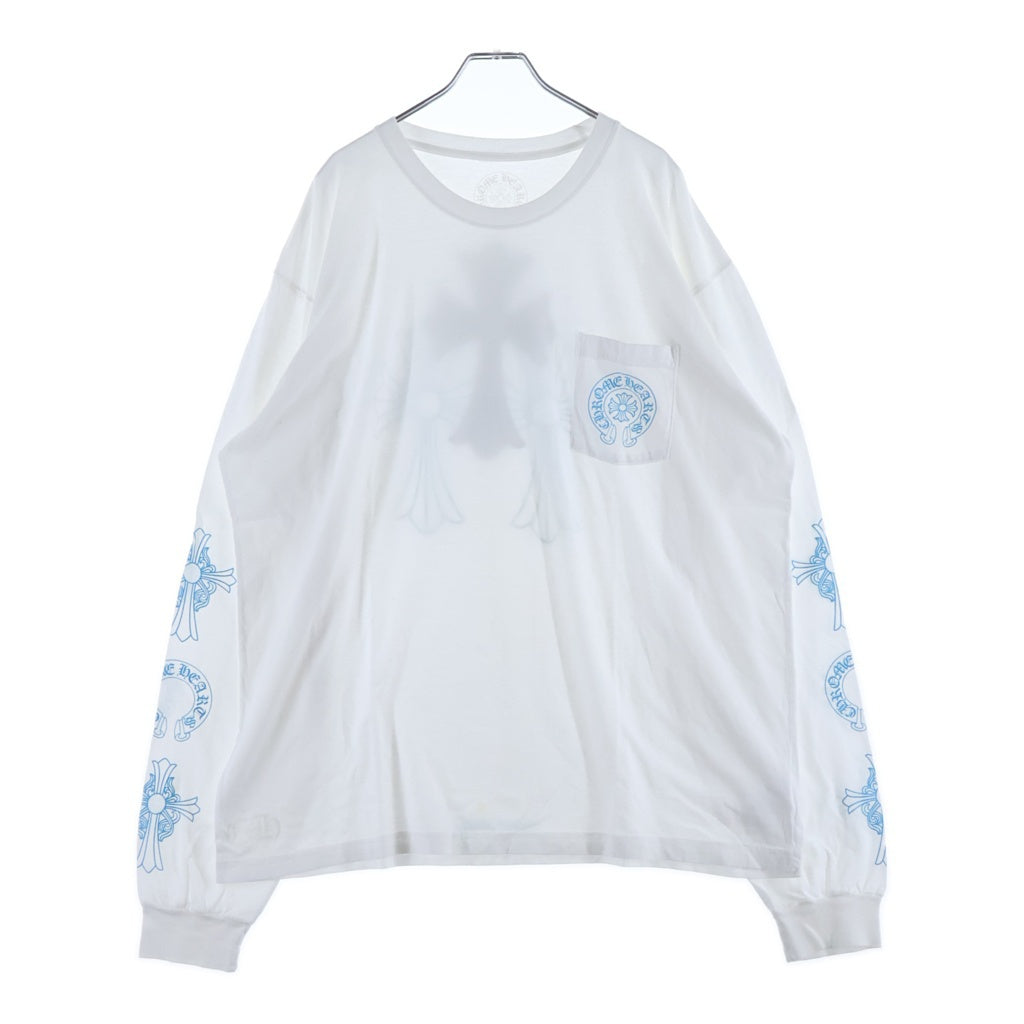 CHROME HEARTS(クロムハーツ) Blue Cross L/S ホースシュー ポケット付き トリプル セメタリークロス バックプリント 長袖Tシャツ ロングスリーブ カットソー ホワイト/ブルー