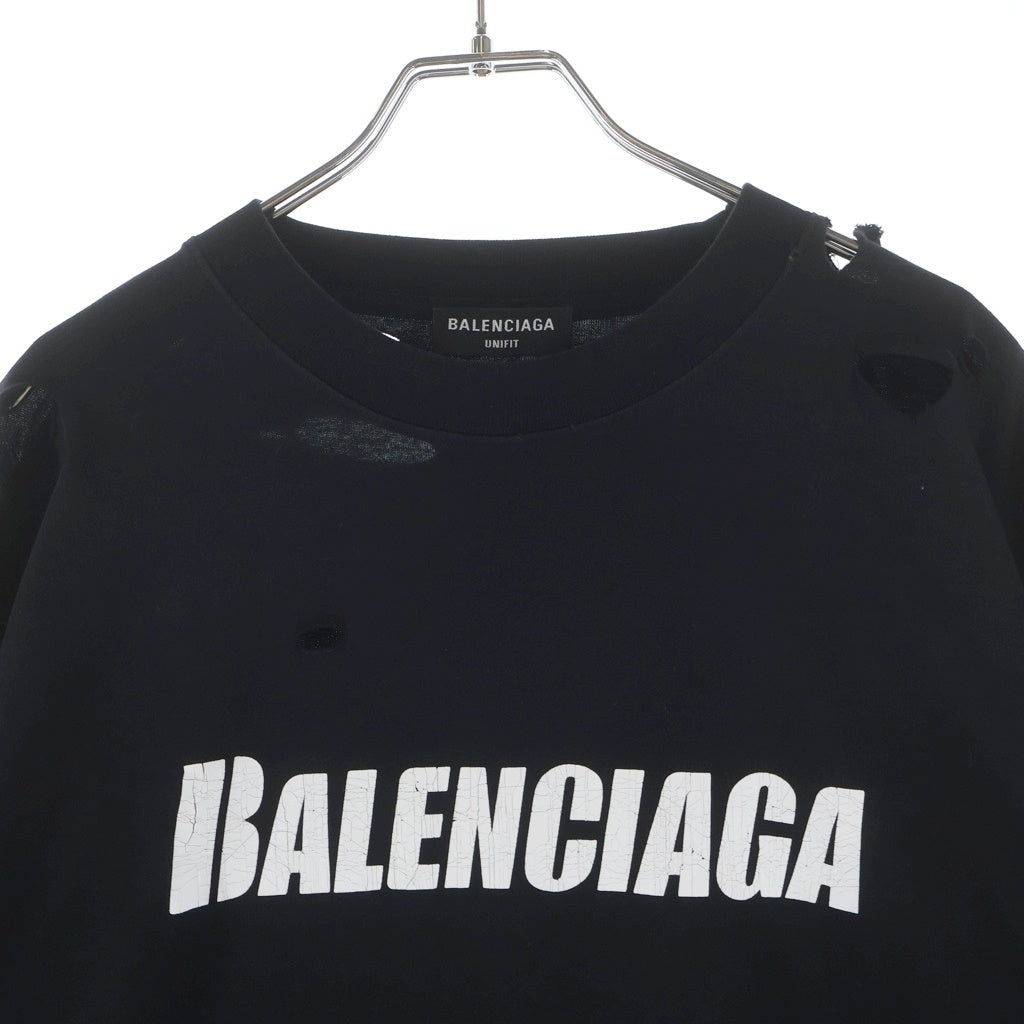 BALENCIAGA(バレンシアガ) 21SS Caps Destroyed Flatground Tee デストロイ加工 クルーネック 半袖Tシャツ カットソー ブラック 651795 TKVB8