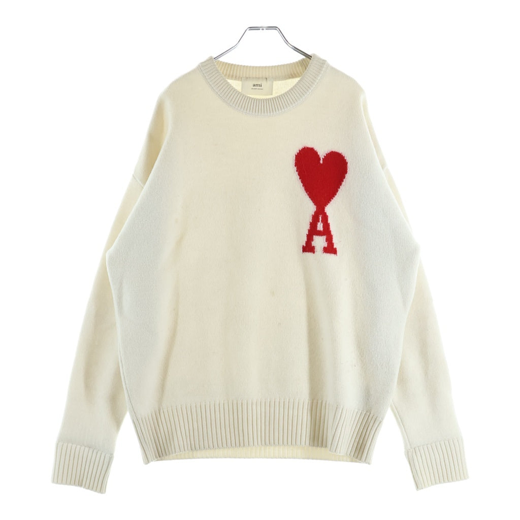 AMI Alexandre Mattiussi(アミアレクサンドルマテュッシ) ハートロゴ クルーネックニット 長袖セーター ホワイト/レッド BFUKS002.018