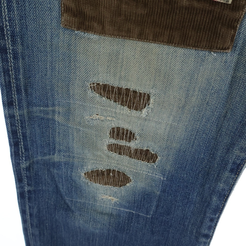 HYSTERIC GLAMOUR(ヒステリックグラマー) ピラミッドスタッズパッチワークダメージデニムパンツ コーデュロイリペア加工ジーンズ インディゴ