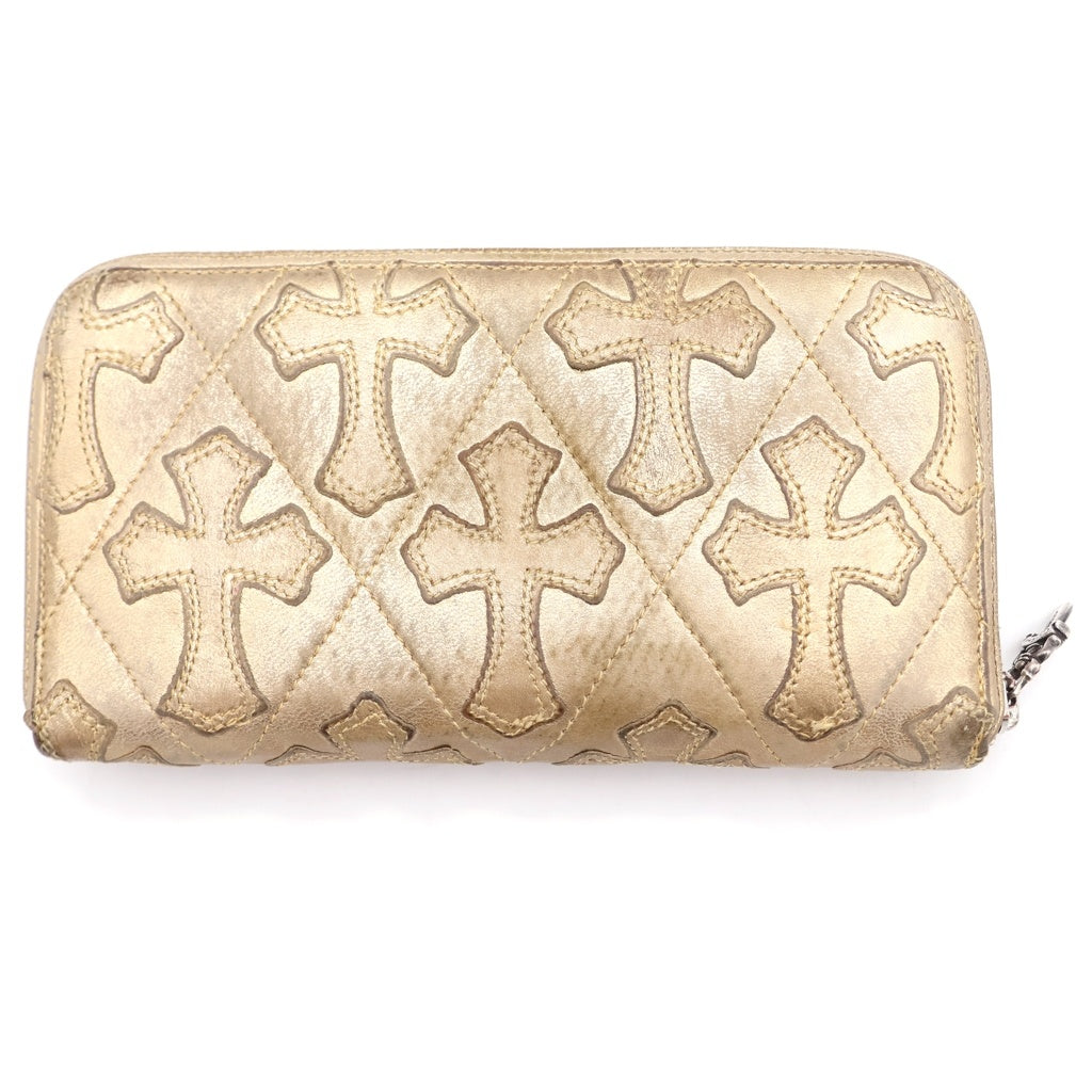 CHROME HEARTS(クロムハーツ) REC F ZIP QUILTED WALLET セメタリークロス キルティング レザーロングウォレット 長財布 ゴールド -