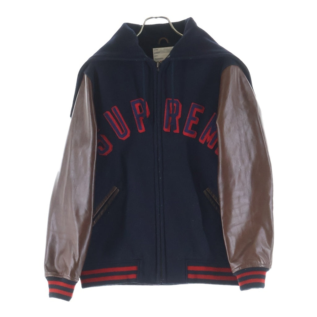 SUPREME(シュプリーム) 12AW Hooded Varsity Jacket フーディーバーシティージャケット レザー切り替えスタジャン ネイビー/ブラウン -