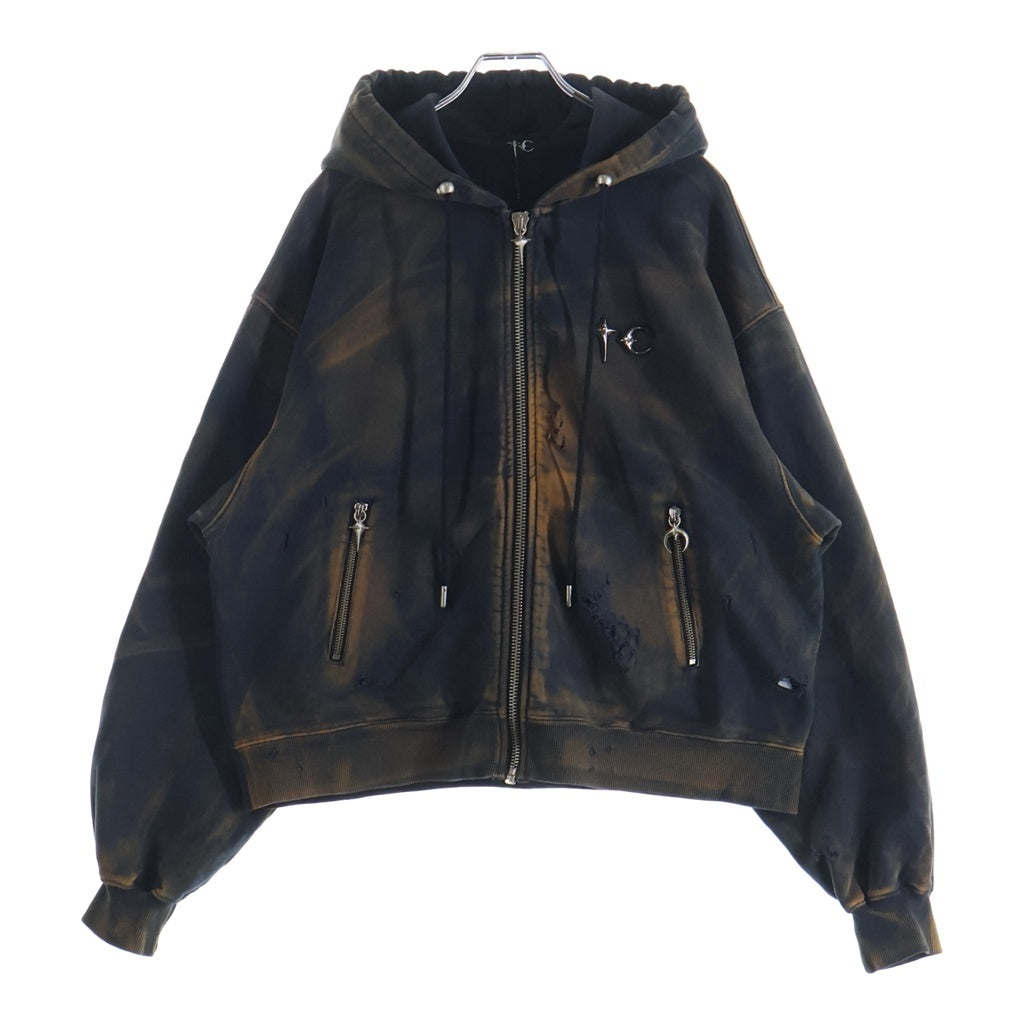 THUG CLUB(サグクラブ) 26SS TC TWO TONE WASHED ZIP-UP HOODIE ジップアップフーディー パーカー ブラック/オレンジ TC26SS0403 -