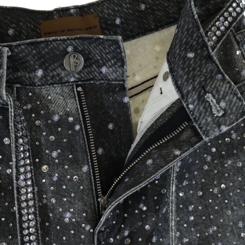 BIRTH OF ROYAL CHILD(バースオブロイヤルチャイルド) 3D Printing Washed 20k Swarovski Diamond Boro Denim ダメージ加工 ラインストーン装飾 デニムパンツ グレー