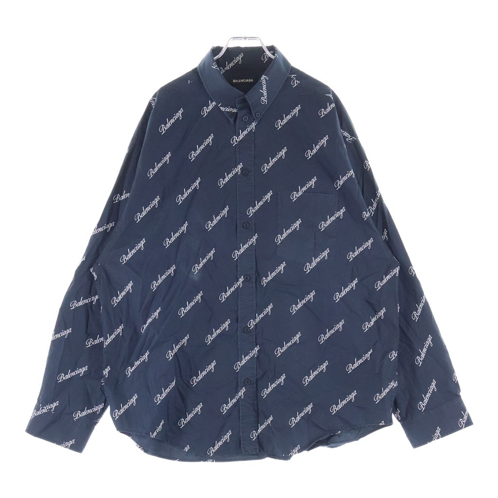 BALENCIAGA(バレンシアガ) 21SS 総柄ロゴ オーバーサイズ 長袖シャツ ネイビー 647363 TJLY7