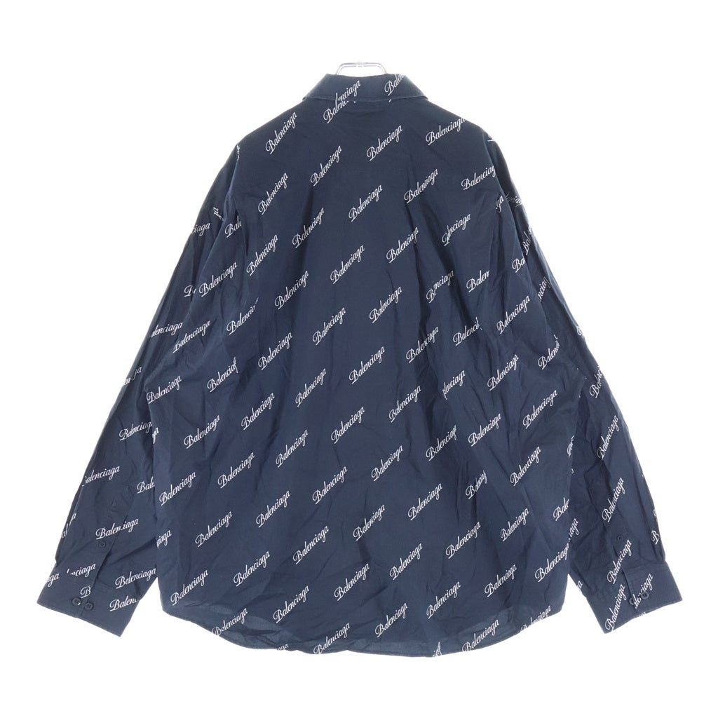 BALENCIAGA(バレンシアガ) 21SS 総柄ロゴ オーバーサイズ 長袖シャツ ネイビー 647363 TJLY7