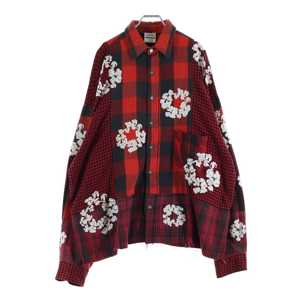 READY MADE(レディメイド) × DENIM TEARS COTTON WREATH CHECK SHIRT デニムティアーズ エンブロイダリーチェック長袖シャツ レッド RE-DT-RE-00-00-06