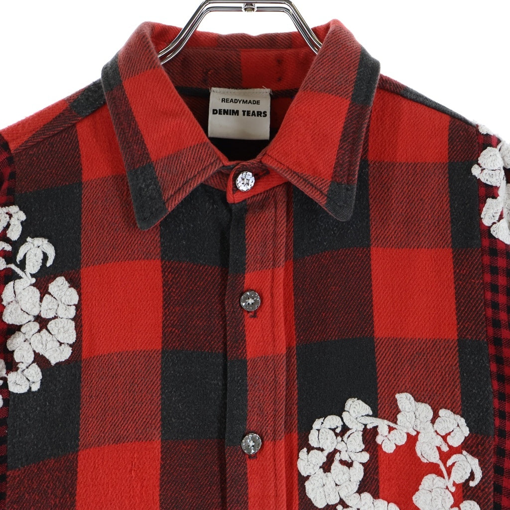 READY MADE(レディメイド) × DENIM TEARS COTTON WREATH CHECK SHIRT デニムティアーズ エンブロイダリーチェック長袖シャツ レッド RE-DT-RE-00-00-06