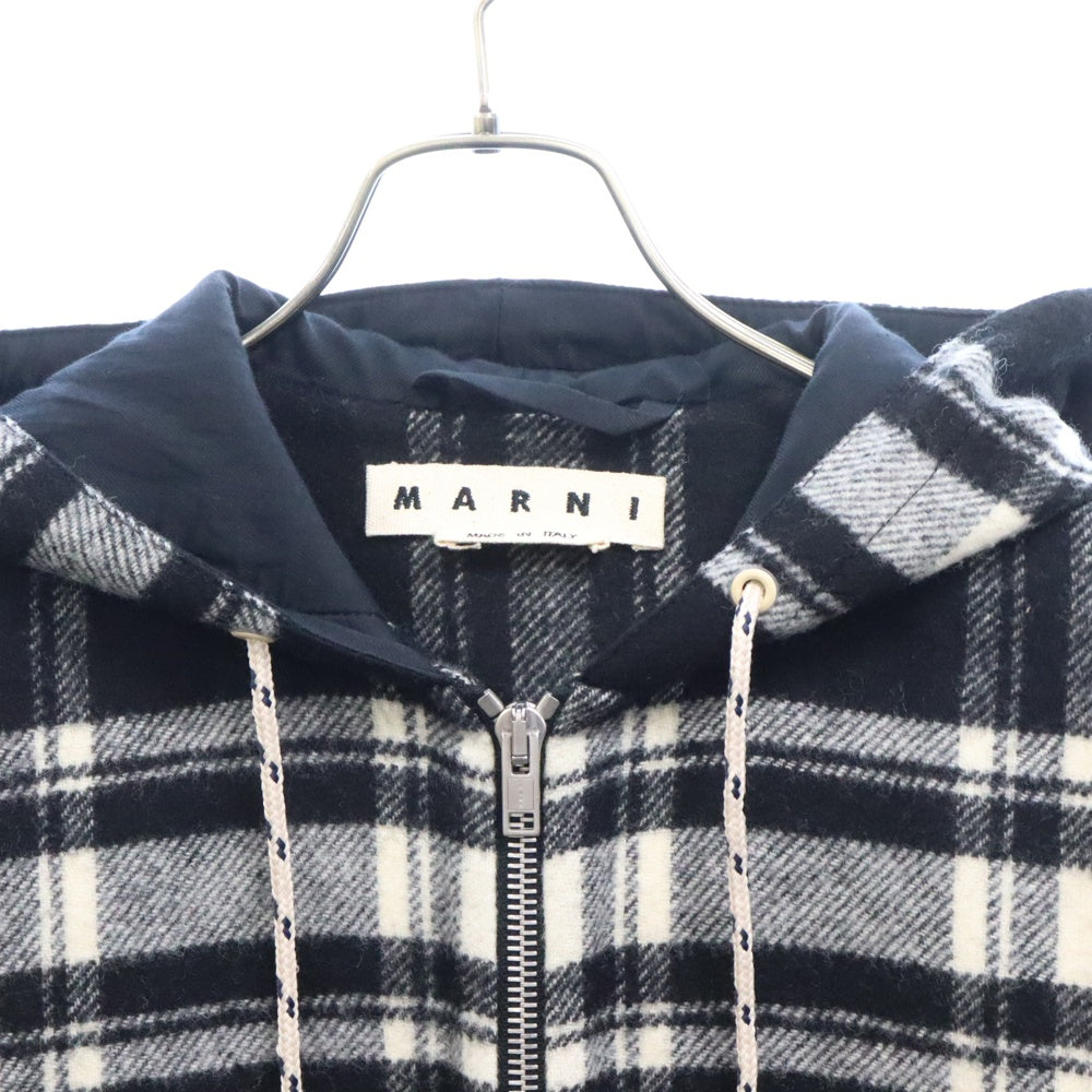 MARNI(マルニ) チェック柄 ウール ジップアップフーデッドコート ブラック/ホワイト TUMU0011A0 S49422