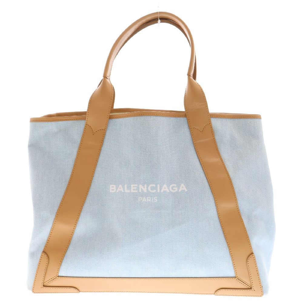 BALENCIAGA(バレンシアガ) CABAS デニム カバ ミディアム フロントロゴプリント ポーチ付ハンドバッグ ライトブルー/ベージュ