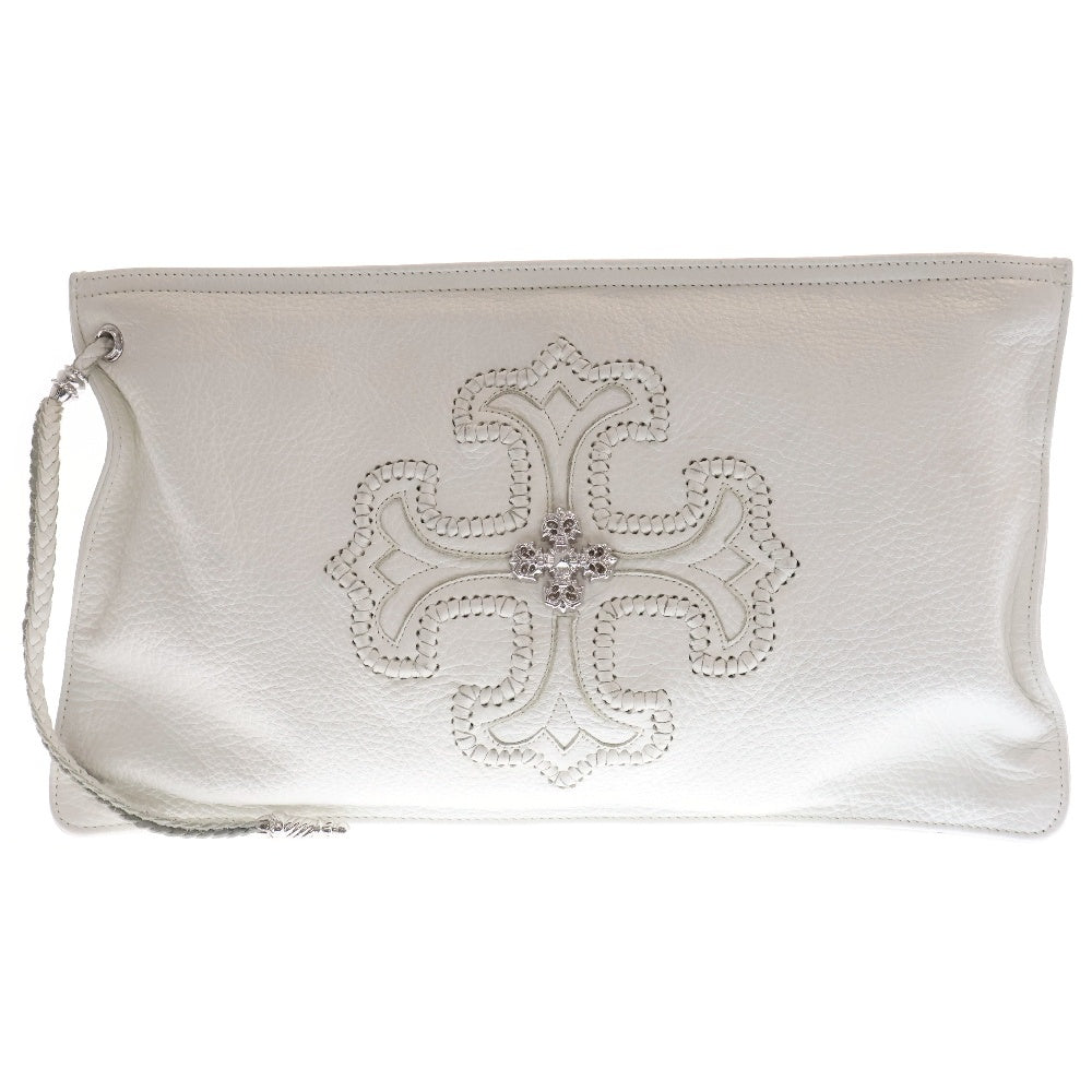 CHROME HEARTS(クロムハーツ) ストラップ付 フィリグリーレザークラッチバッグ ロジウム加工 ホワイト/シルバー