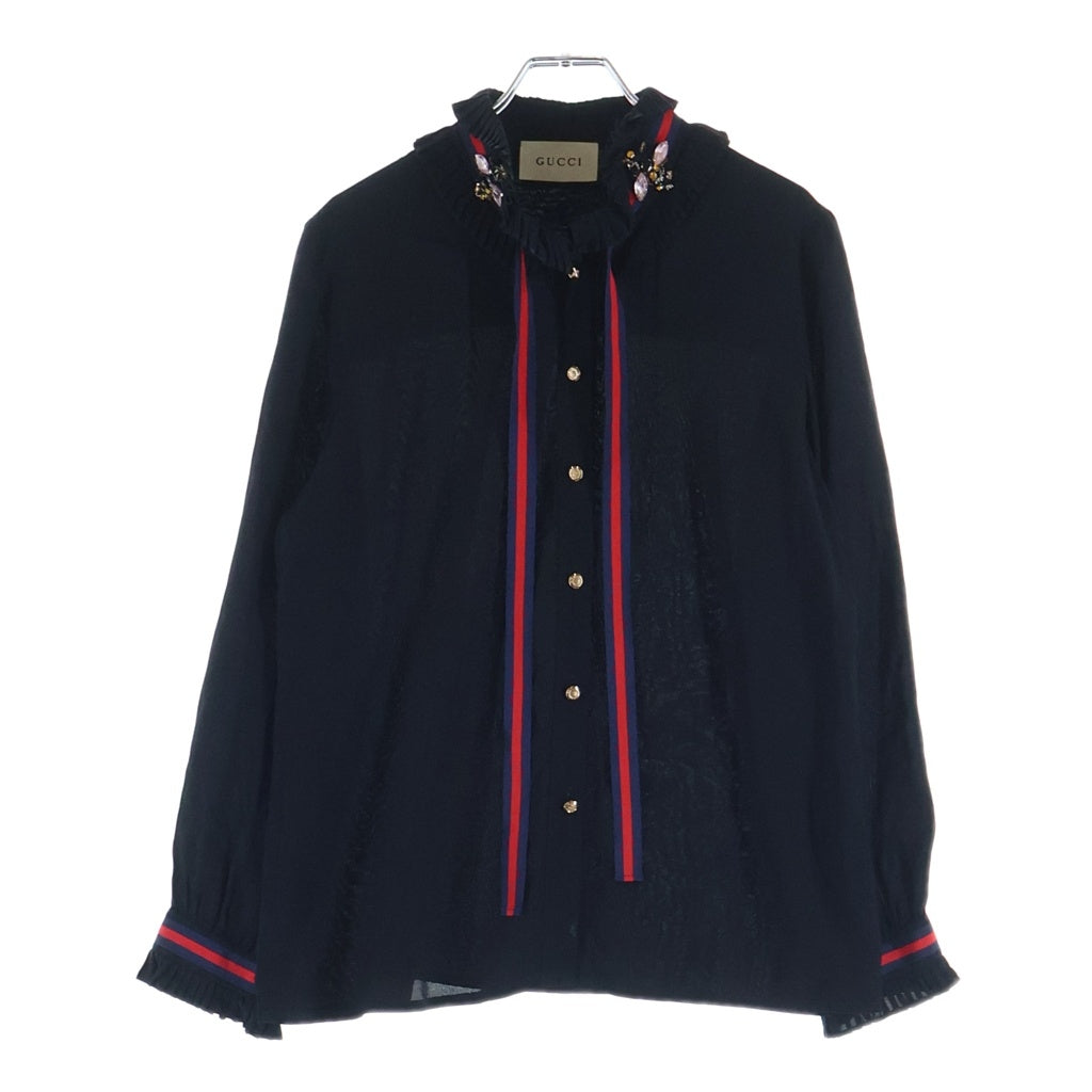 GUCCI(グッチ) ウェブボウリボン ブローチ付き フリルブラウス ブラック レディース