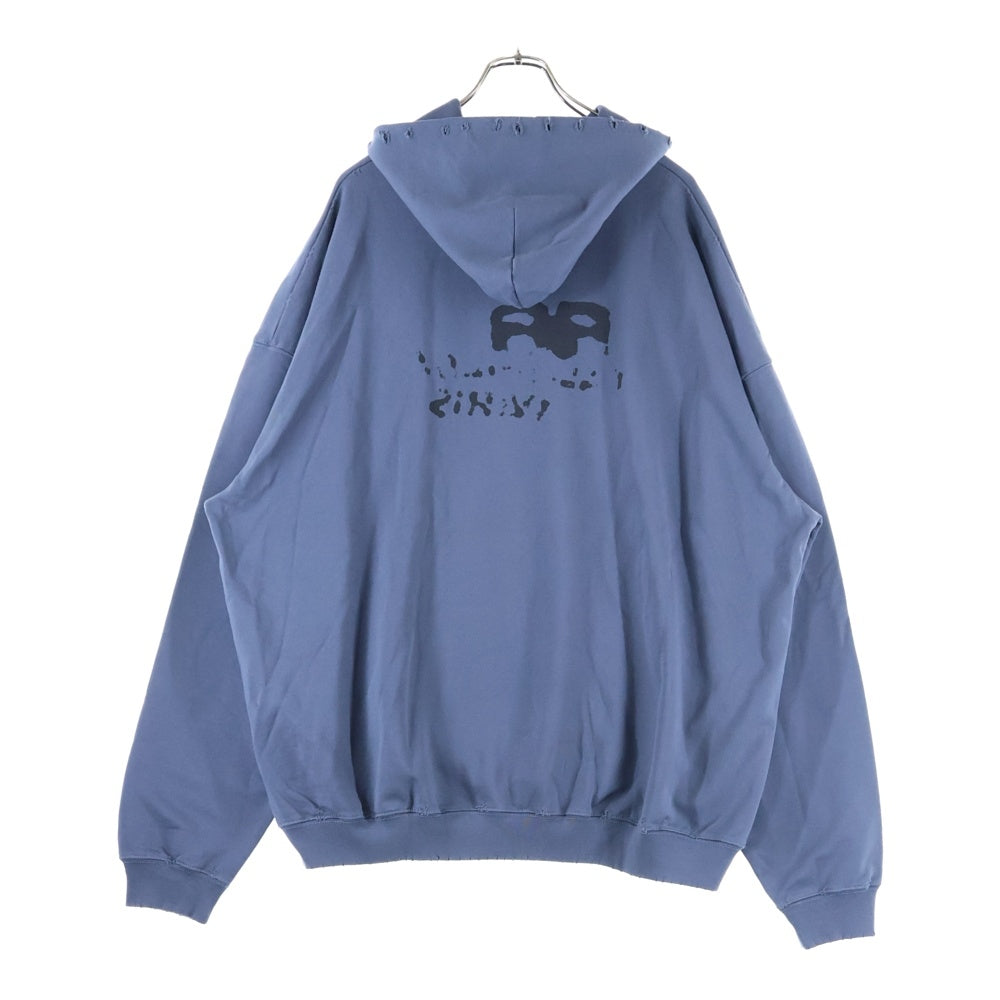 BALENCIAGA(バレンシアガ) Hand Drawn BB Icon Hoodieダメージ加工 ロゴプリント プルオーバースウェットパーカー フーディー ブルー/グレー 620973