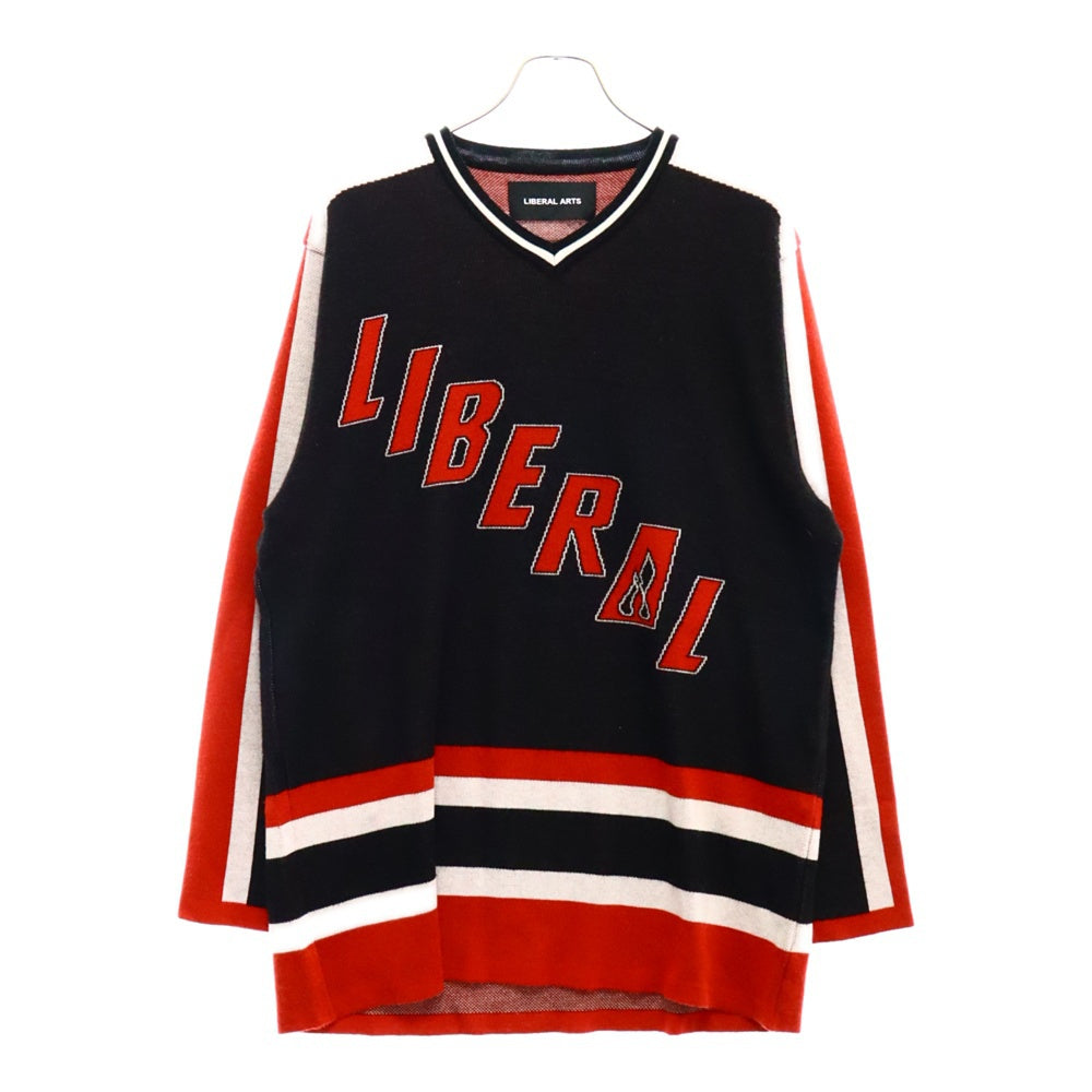 LIBERAL ARTS(リベラルアーツ) LA GAME SHIRT LAパッチオーバーサイズゲームシャツ 長袖カットソー 長袖Tシャツ ロングスリーブカットソー ロンT ブラック/レッド LA-09-03-0223