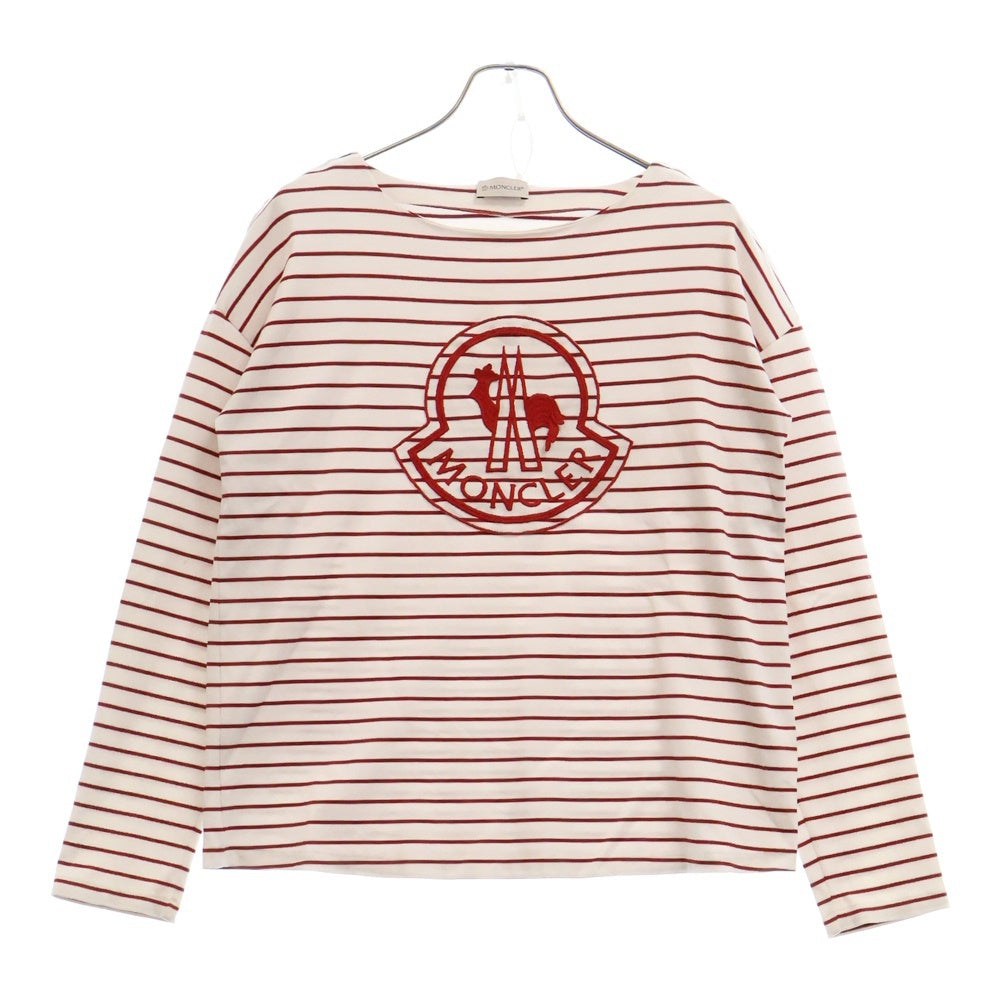 MONCLER(モンクレール) MAGLIA GIRPCOLLO マグリア フロントロゴ刺繍クルーネックボーダー長袖Tシャツカットソー ロンT ホワイト/レッド D20938058500 829DF