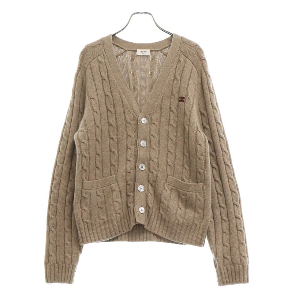 CELINE(セリーヌ) 23AW Triomphe Cardigan Cable Knit Cashmere 2AD5G362W トリオンフ エルボーパッチ ケーブルニット カーディガン セーター ブラウン