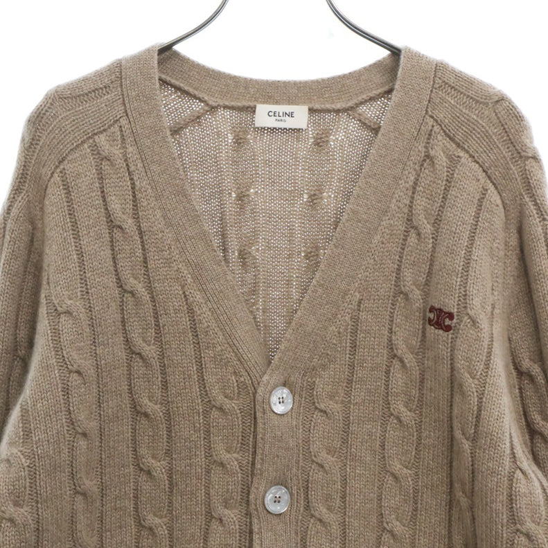 CELINE(セリーヌ) 23AW Triomphe Cardigan Cable Knit Cashmere 2AD5G362W トリオンフ エルボーパッチ ケーブルニット カーディガン セーター ブラウン