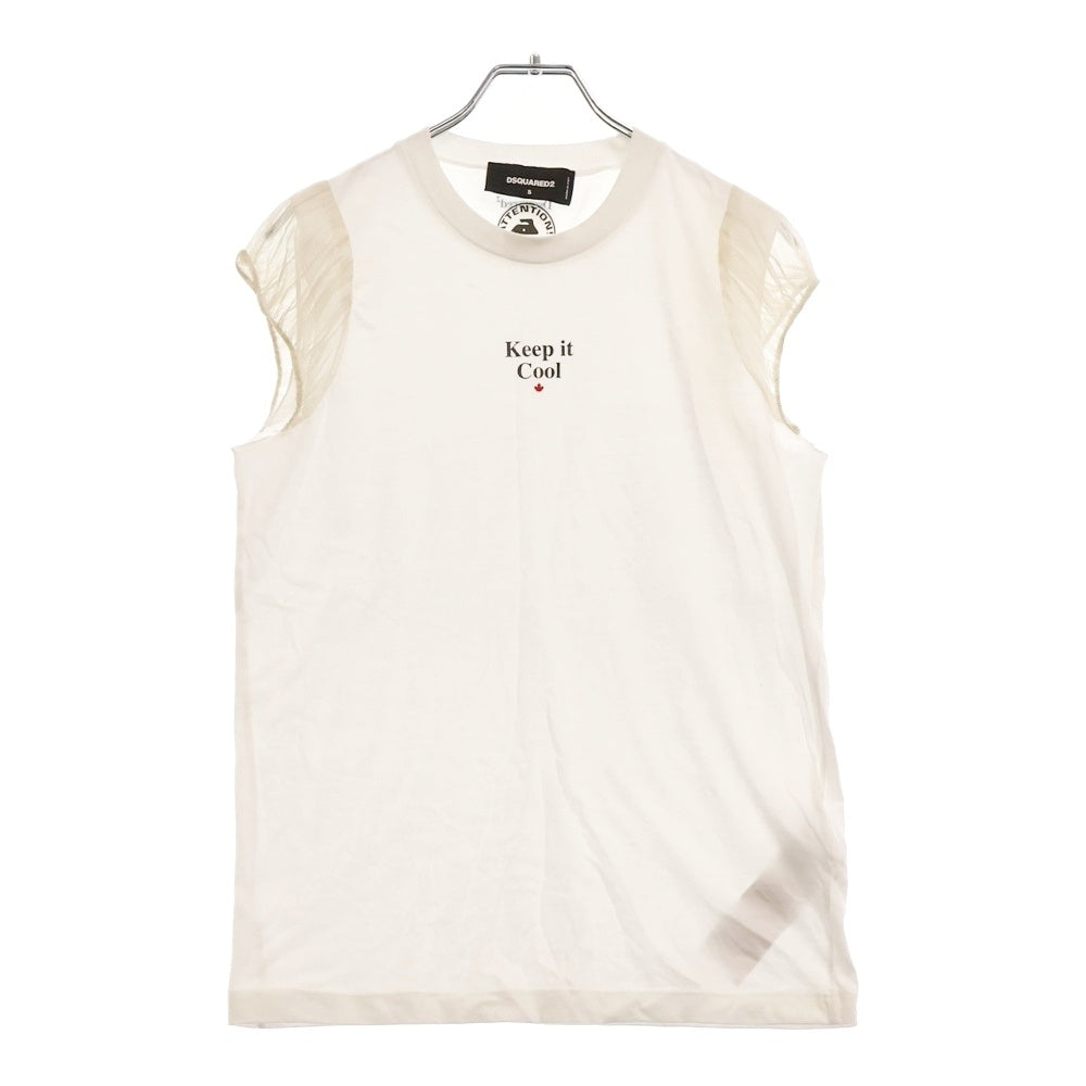 DSQUARED2(ディースクエアード) 22SS Keep it Cool Print TEE S72GD0355 S21600 フロントプリント シースルー クルーネックパフスリーブTシャツ レディース ホワイト