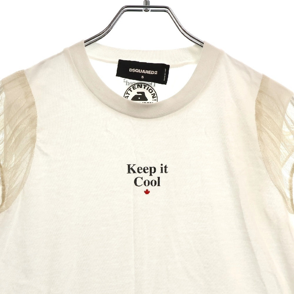 DSQUARED2(ディースクエアード) 22SS Keep it Cool Print TEE S72GD0355 S21600 フロントプリント シースルー クルーネックパフスリーブTシャツ レディース ホワイト