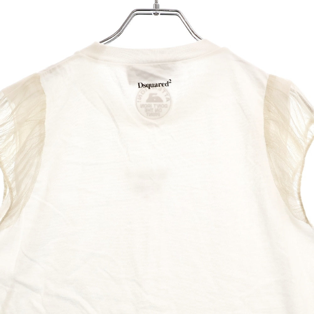 DSQUARED2(ディースクエアード) 22SS Keep it Cool Print TEE S72GD0355 S21600 フロントプリント シースルー クルーネックパフスリーブTシャツ レディース ホワイト