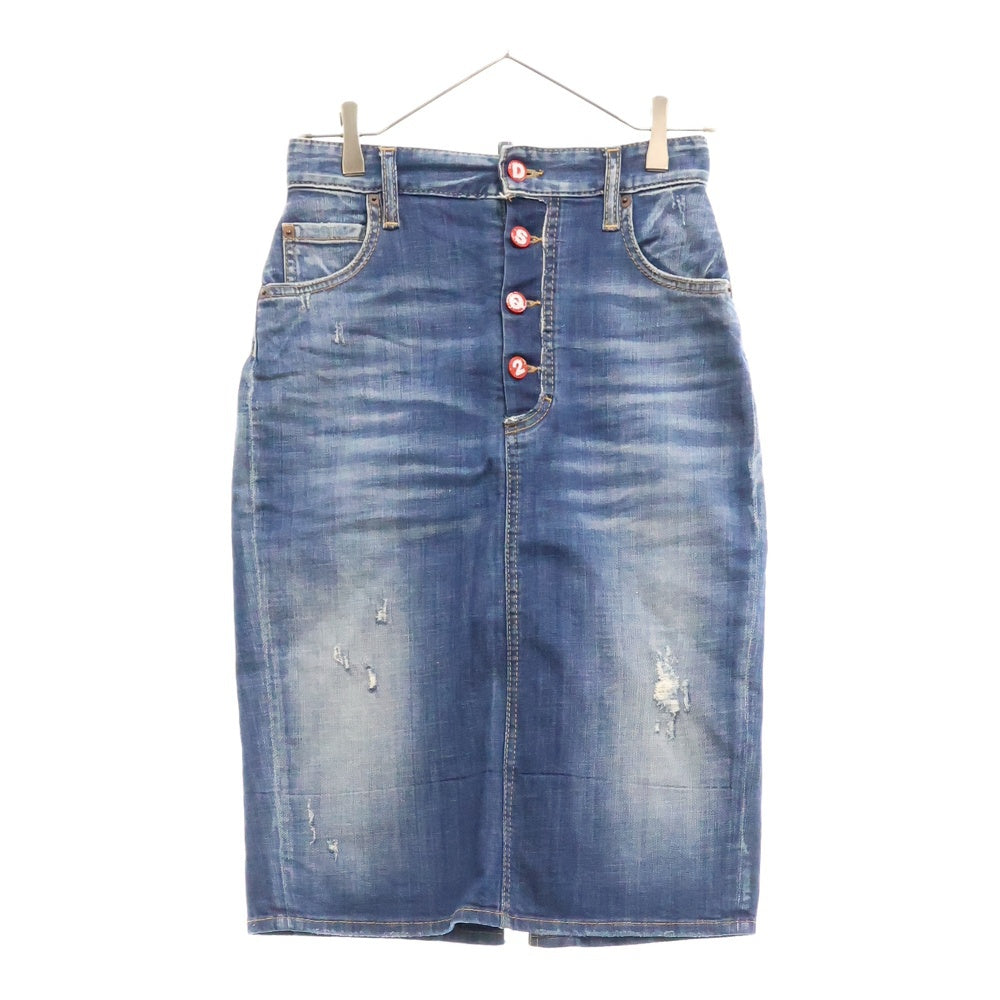 DSQUARED2(ディースクエアード) Button Logo Denim Skirt S72MA0792 S30342 ボタン ロゴ ダメージ加工 デニムスカート レディース ブルー