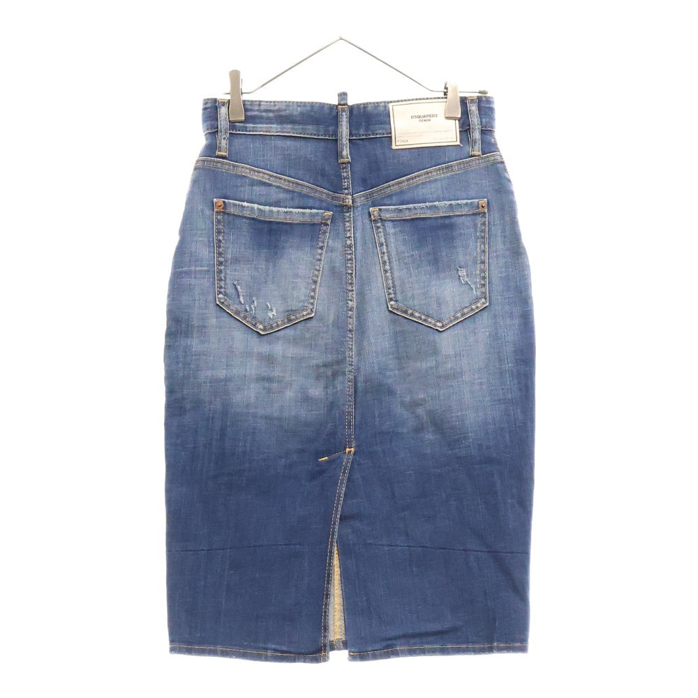 DSQUARED2(ディースクエアード) Button Logo Denim Skirt S72MA0792 S30342 ボタン ロゴ ダメージ加工 デニムスカート レディース ブルー