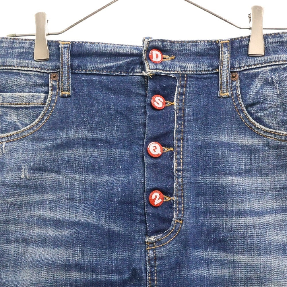 DSQUARED2(ディースクエアード) Button Logo Denim Skirt S72MA0792 S30342 ボタン ロゴ ダメージ加工 デニムスカート レディース ブルー