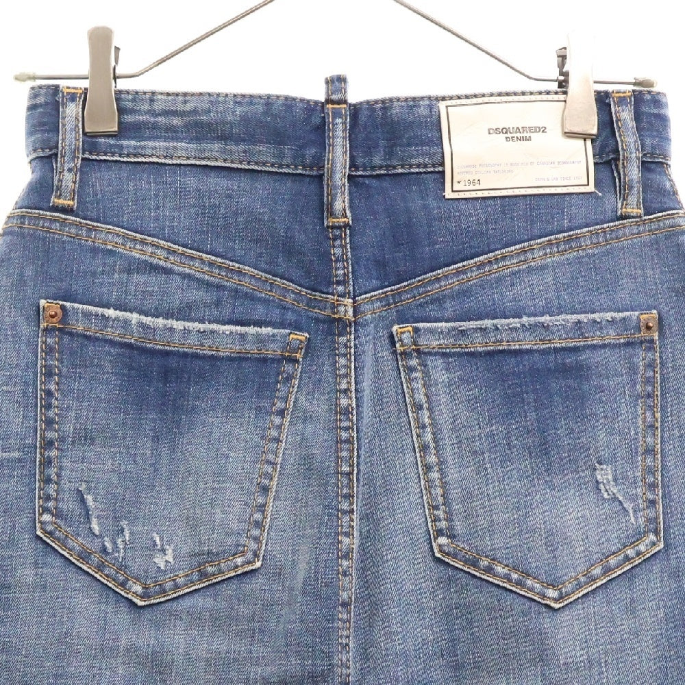 DSQUARED2(ディースクエアード) Button Logo Denim Skirt S72MA0792 S30342 ボタン ロゴ ダメージ加工 デニムスカート レディース ブルー