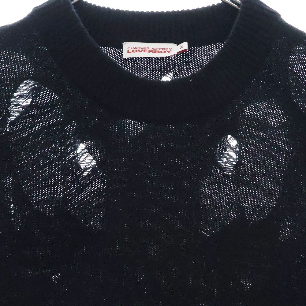 CHARLES JEFFREY LOVERBOY(チャールズジェフリーラバーボーイ) OVERSIZE SWEATER ロゴオーバーサイズセーター ニット ダメージ加工 ブラック