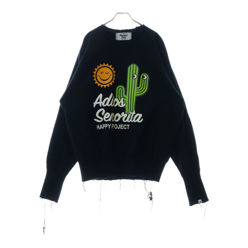 Perfect Ribs(パーフェクトリブス) 23SS ×A LOVE MOVEMENT ×ア ラブ ムーブメント プリント ダメージ加工 クルーネックスウェットトレーナー ブラック