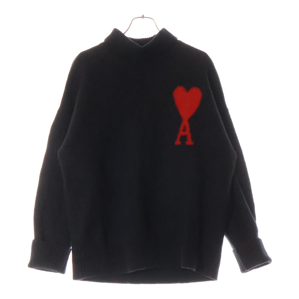 AMI Alexandre Mattiussi(アミアレクサンドルマテュッシ) Turtle Neck Heart Logo Wool Kinit Sweater BFUKS402.018 タートルネック ハートロゴ オーバーサイズ ウール ニットセーター ブラック