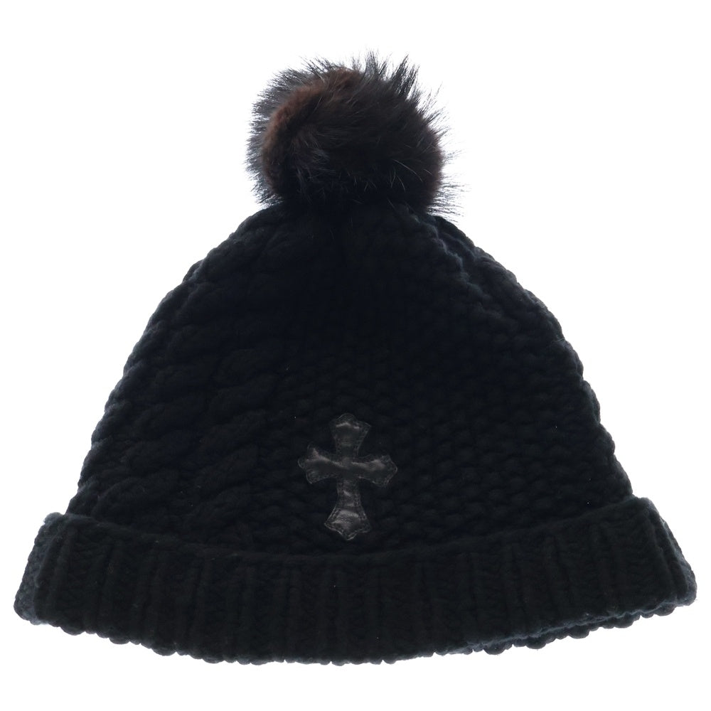CHROME HEARTS(クロムハーツ) Cashmere Leather knit beanie ボンチョ カシミヤ ビーニー レザークロスパッチ ニット帽 ブラック